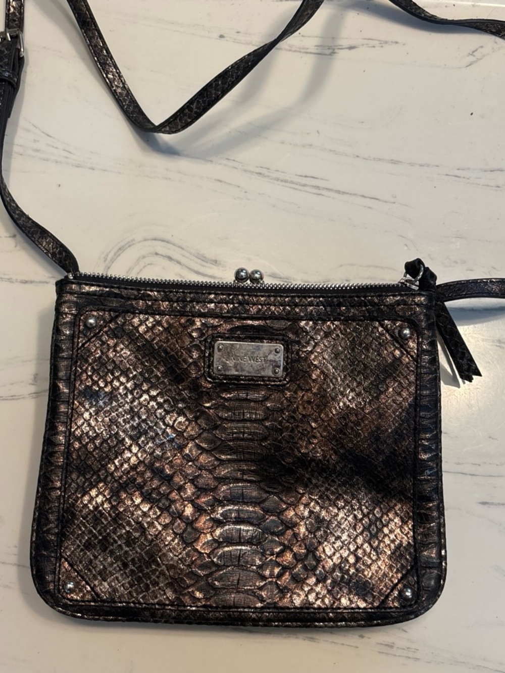 Nine West Metallic Bronze Snake-Embossed Crossbody Bag